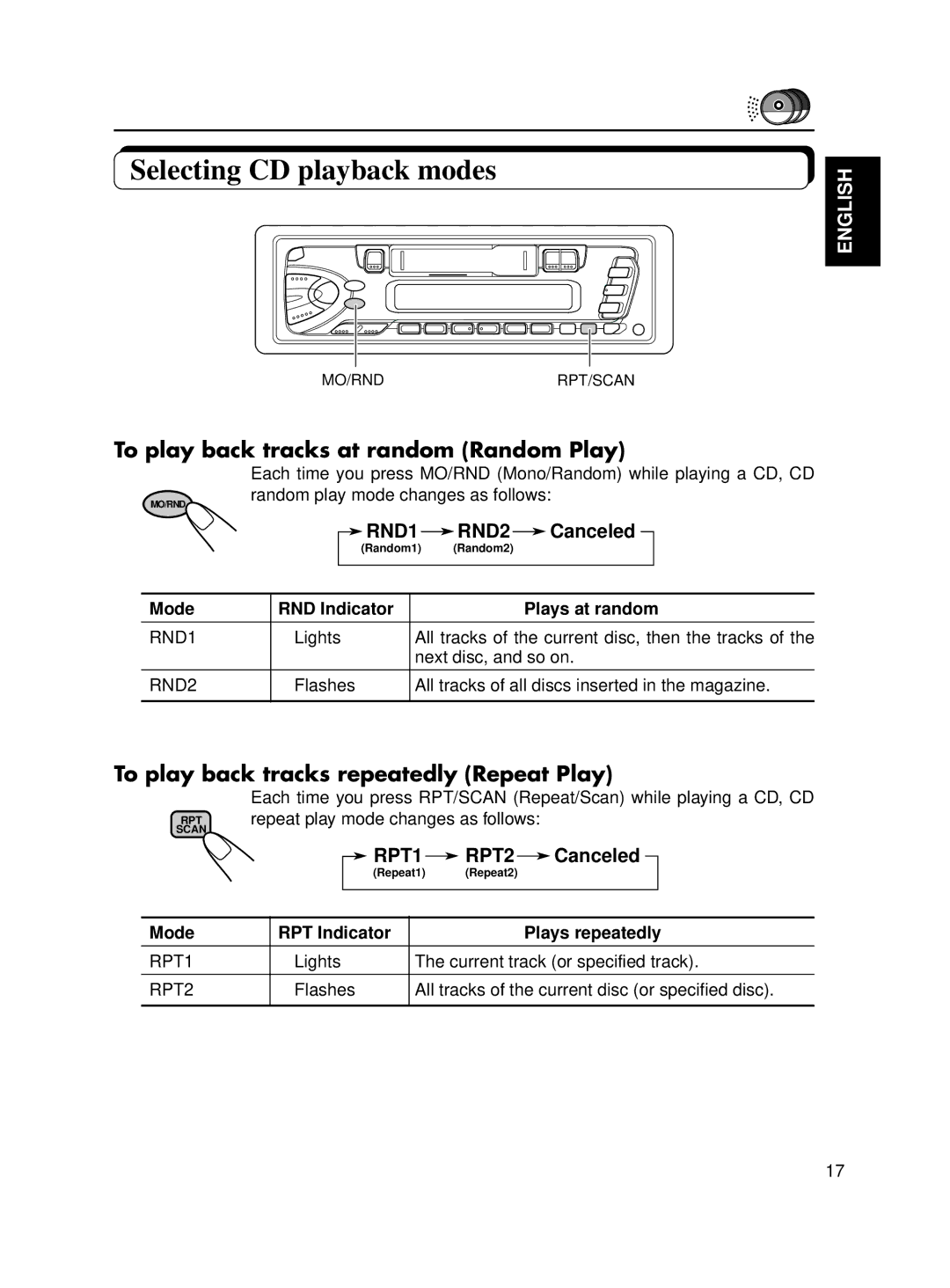 JVC KS-FX12WT manual Selecting CD playback modes, To play back tracks at random Random Play 