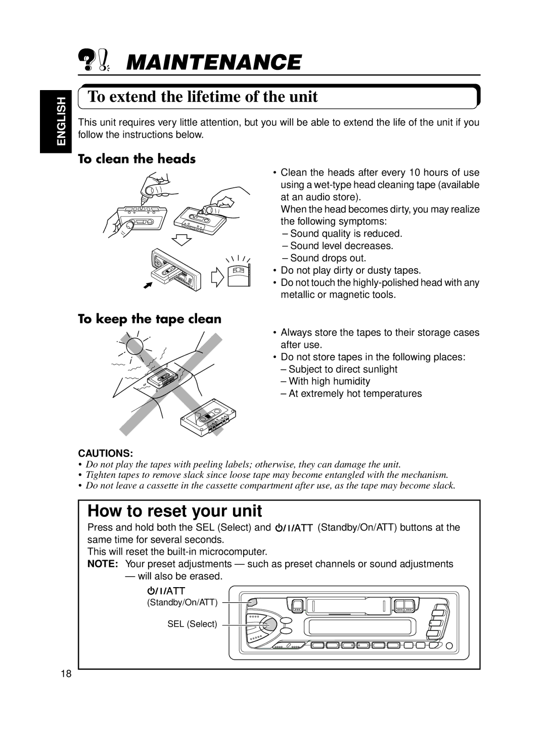 JVC KS-FX12WT manual Maintenance, To extend the lifetime of the unit, To clean the heads, To keep the tape clean 