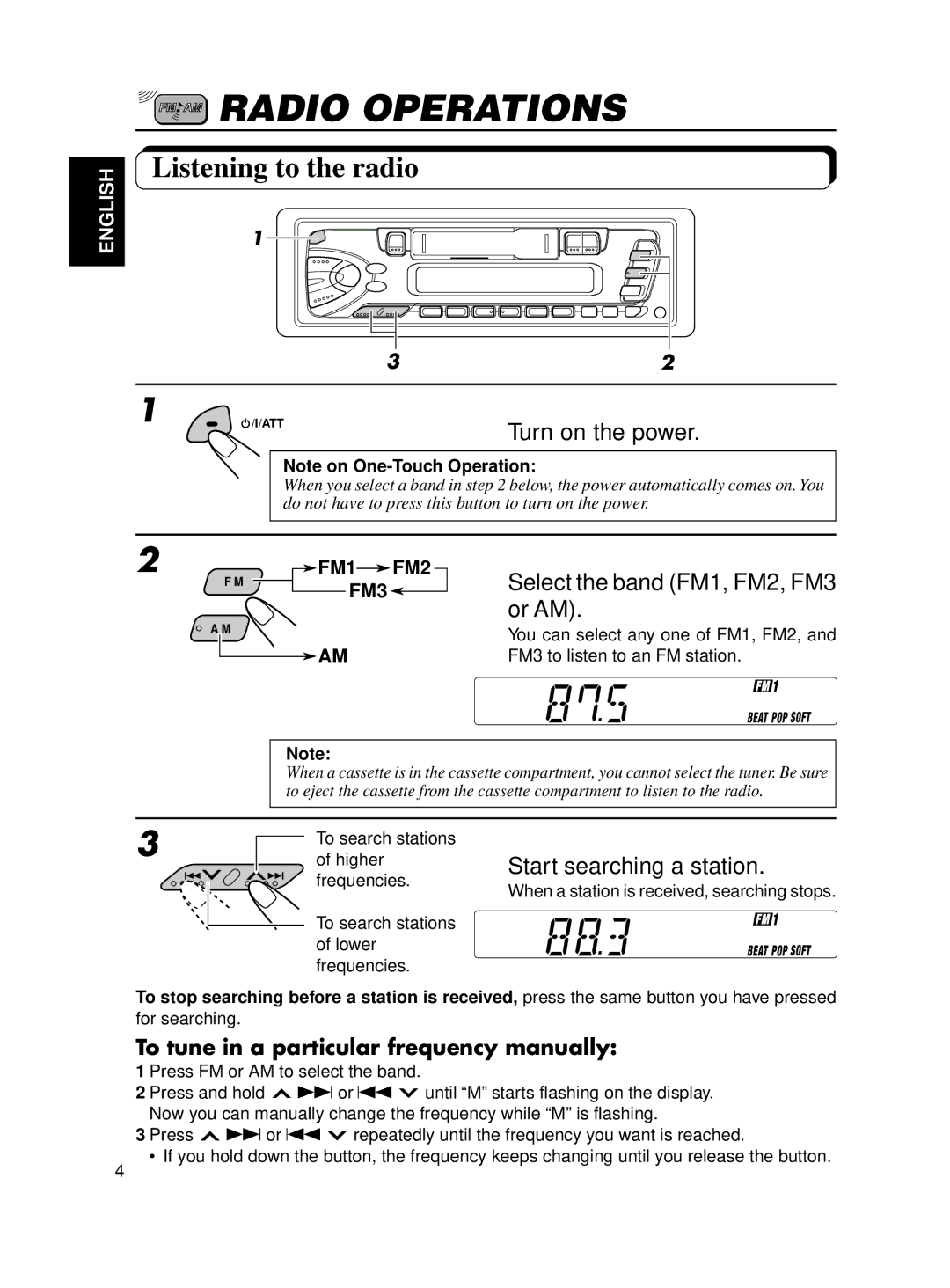 JVC KS-FX12WT manual Radio Operations, Listening to the radio, Select the band FM1, FM2, FM3 or AM 