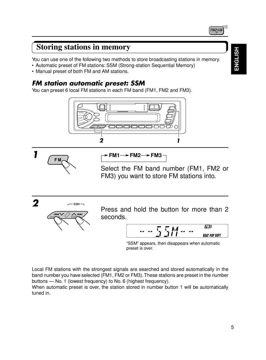 JVC KS-FX12WT manual Storing stations in memory, FM station automatic preset SSM 