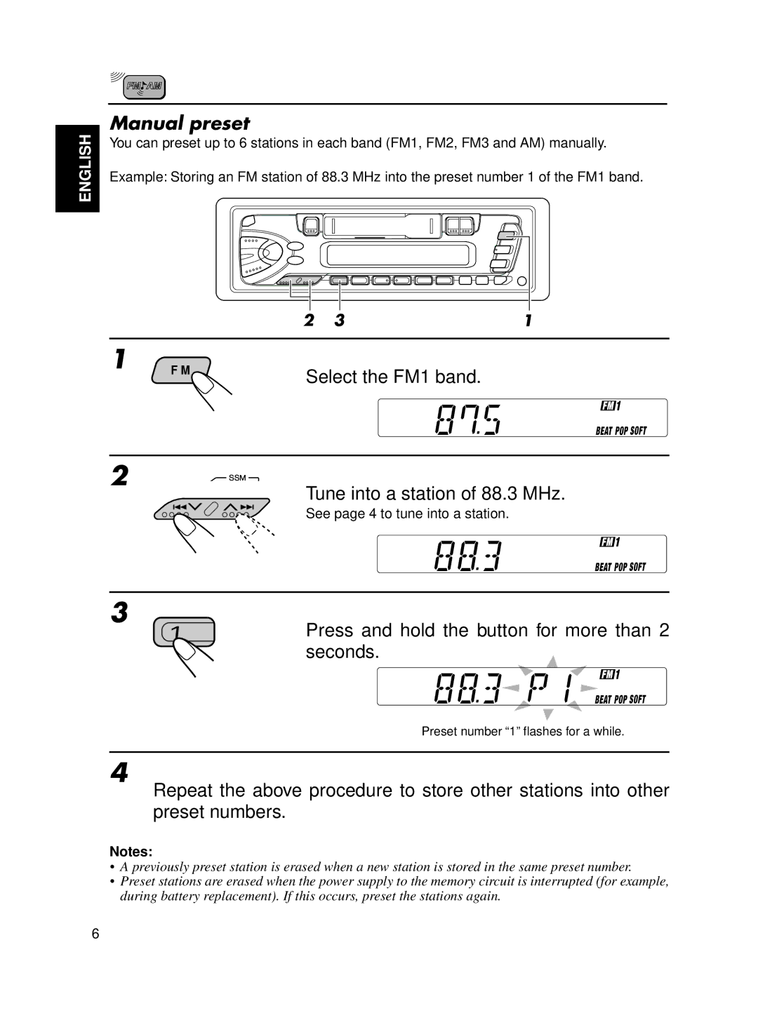 JVC KS-FX12WT manual Manual preset, Tune into a station of 88.3 MHz 