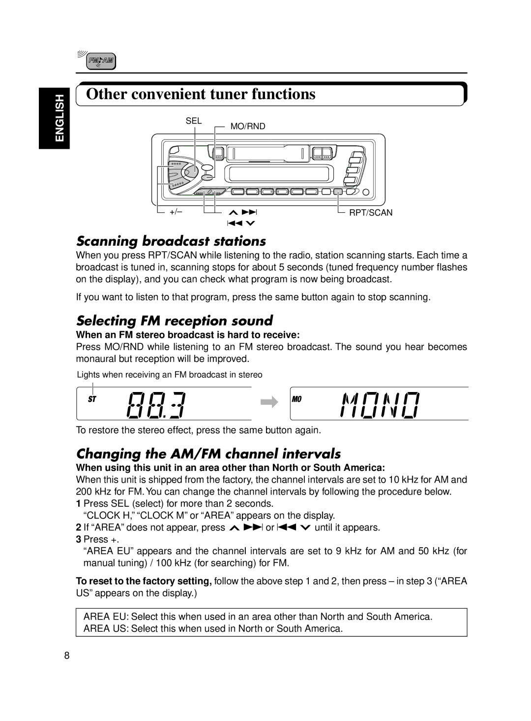 JVC KS-FX12WT manual Other convenient tuner functions, When an FM stereo broadcast is hard to receive 