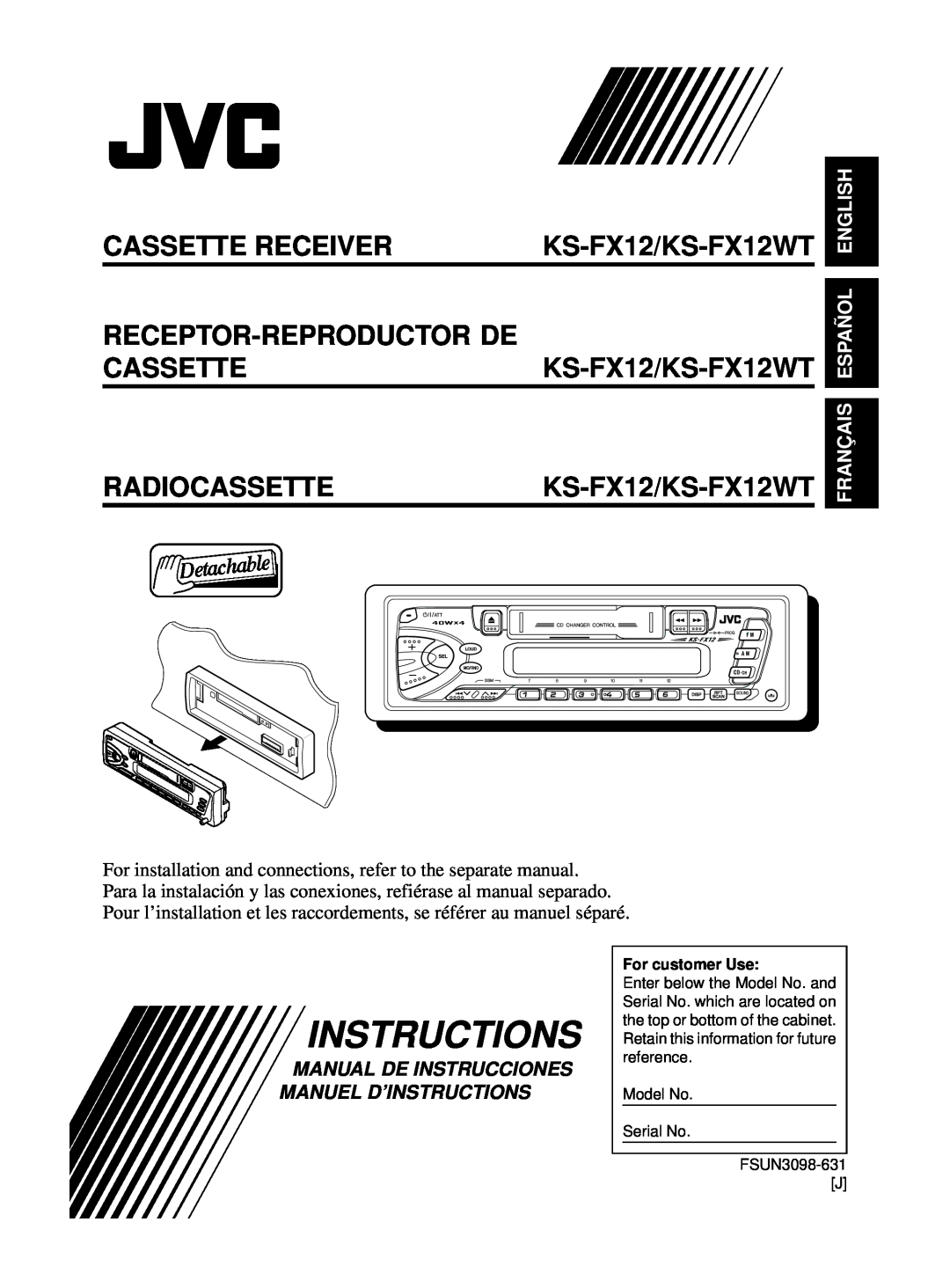 JVC manual Instructions, English, Français Español, Cassette Receiver, KS-FX12/KS-FX12WT, Receptor-Reproductor De 