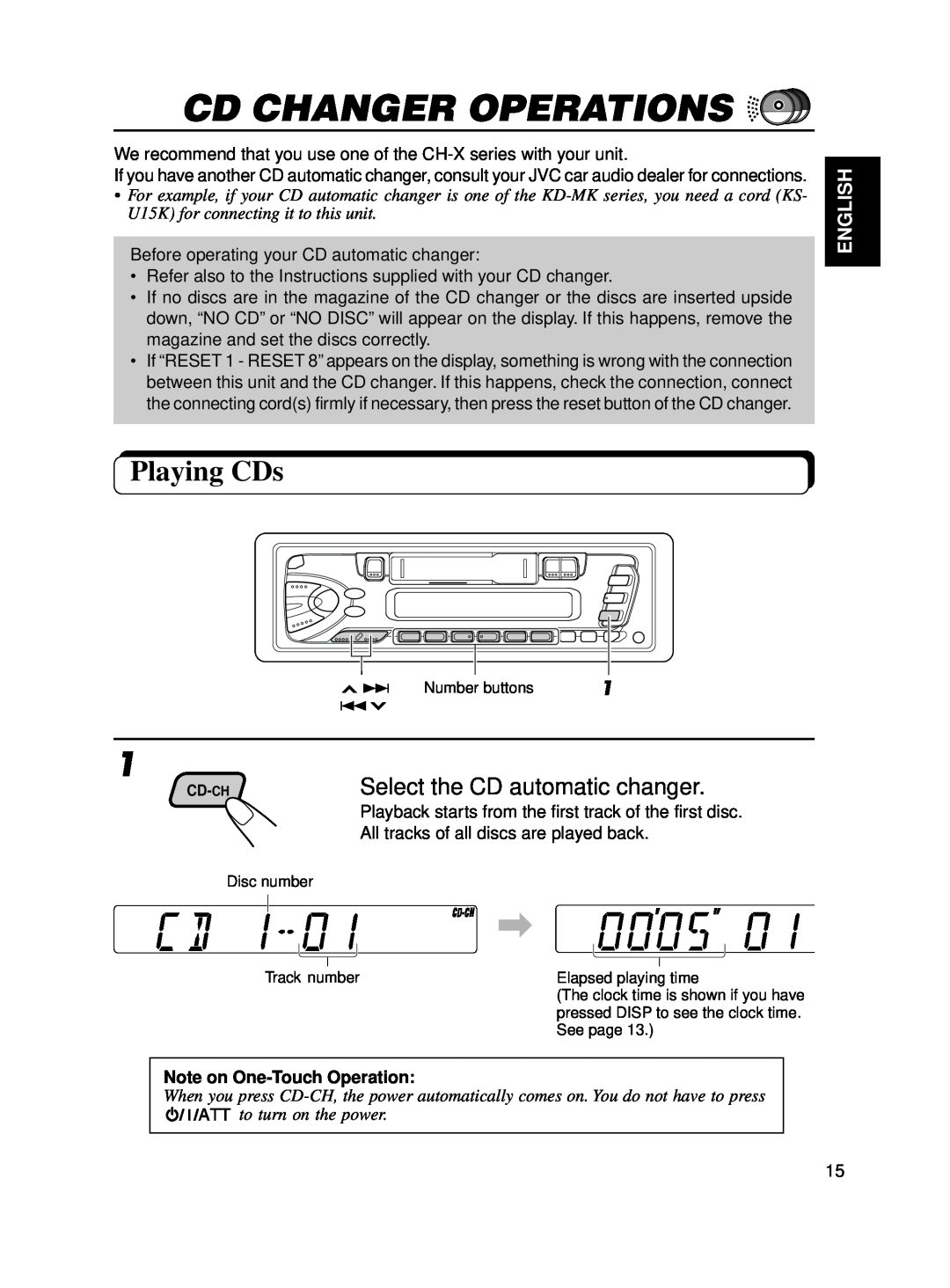 JVC KS-FX12 Cd Changer Operations, Playing CDs, Select the CD automatic changer, English, Note on One-Touch Operation 