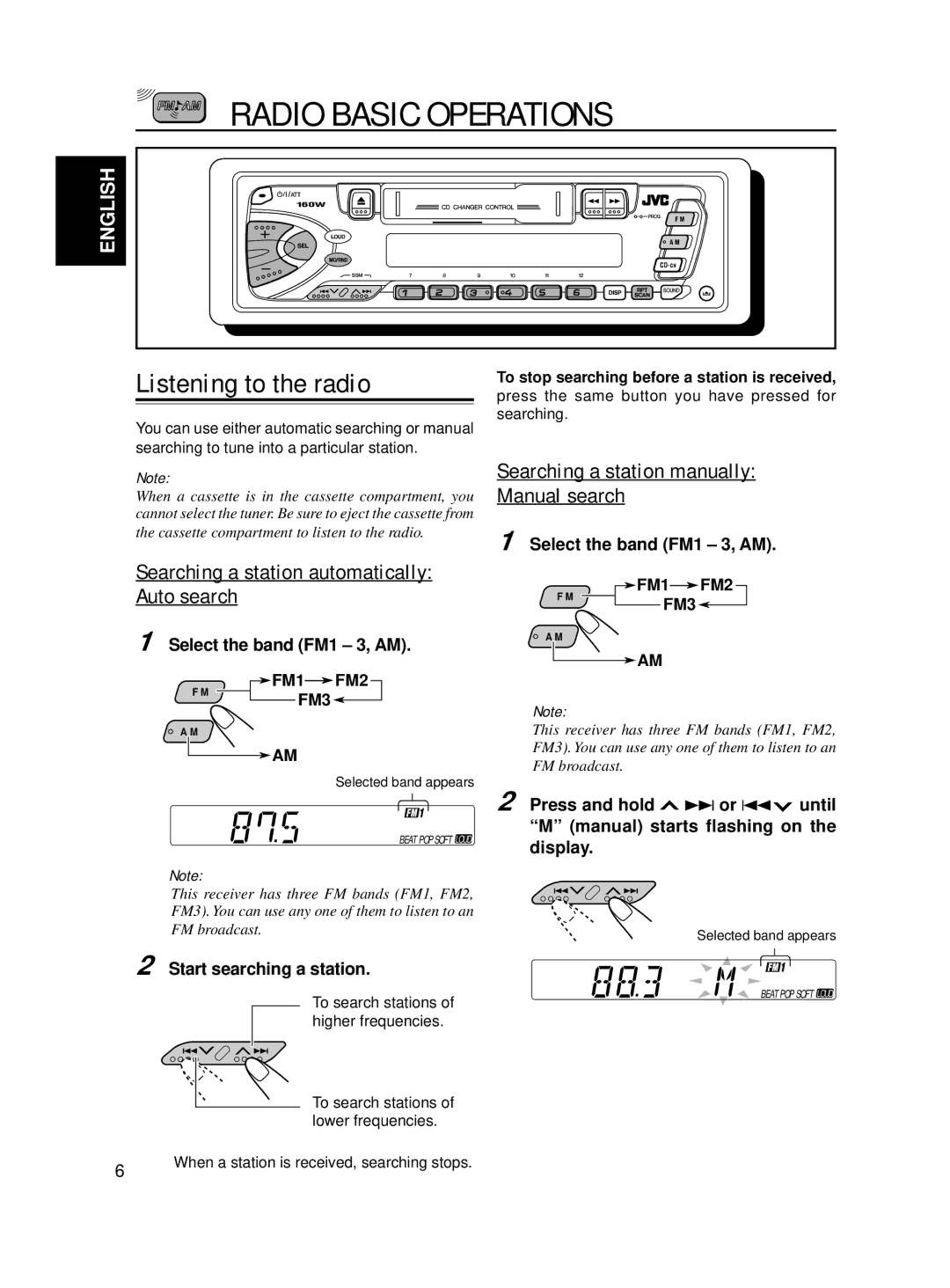 JVC KS-FX210 manual Radio Basic Operations, Listening to the radio, Searching a station automatically Auto search 