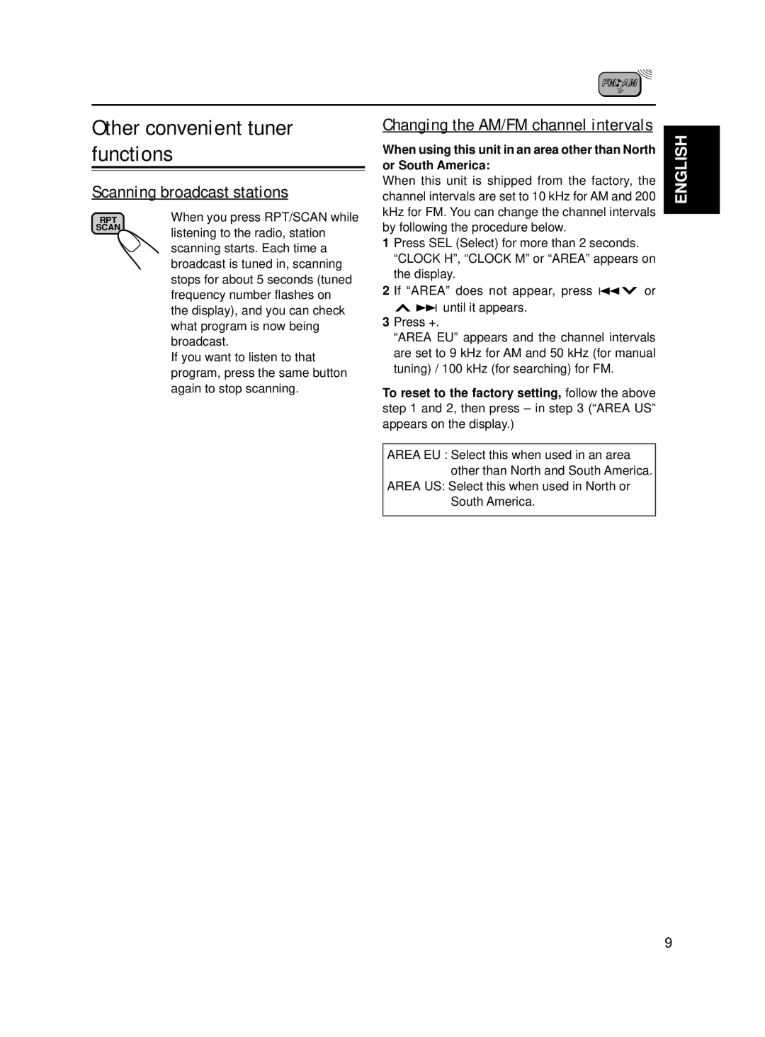 JVC KS-FX210 manual Other convenient tuner functions, Scanning broadcast stations, Changing the AM/FM channel intervals 