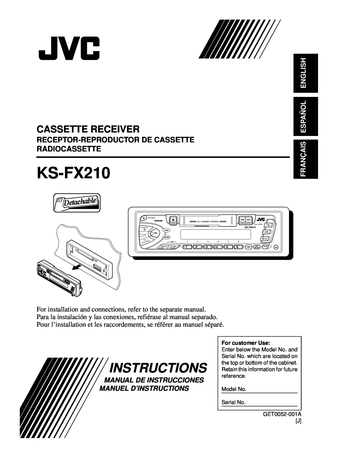 JVC KS-FX210 manual Cassette Receiver, Receptor-Reproductorde Cassette Radiocassette, Français Español English 