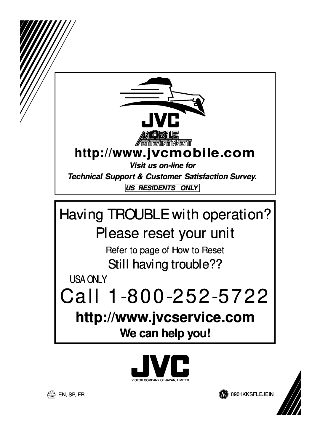 JVC KS-FX210 Having TROUBLE with operation?, We can help you, Us Residents Only, Call, Please reset your unit, Usa Only 