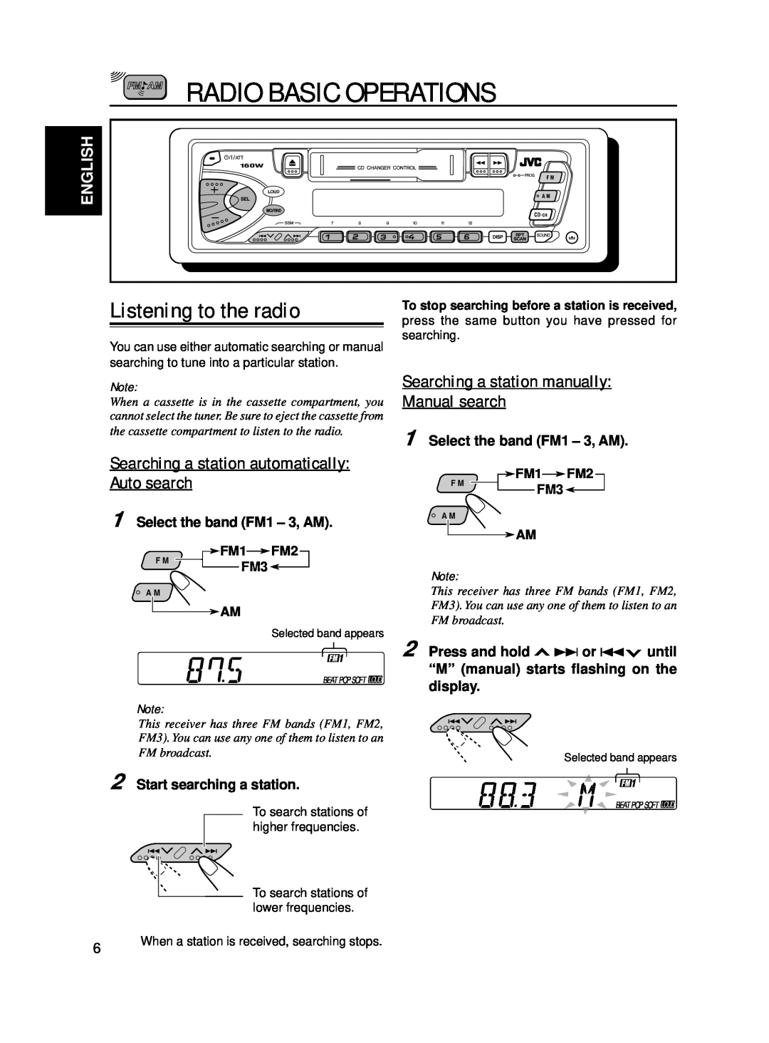 JVC KS-FX210 manual Radio Basic Operations, Listening to the radio, Searching a station automatically Auto search, English 