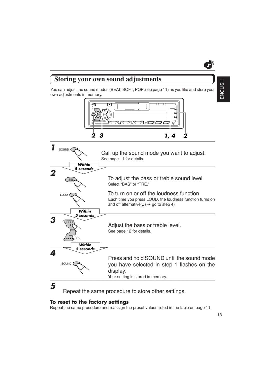 JVC F130, KS-FX230 manual Storing your own sound adjustments 