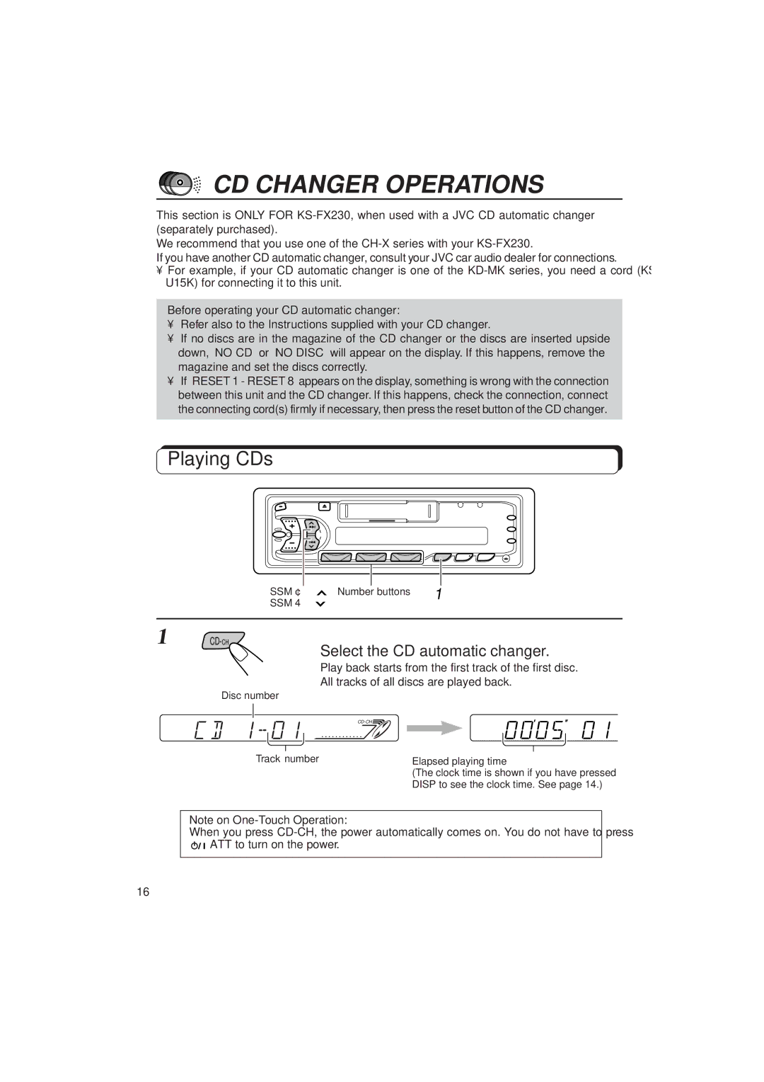 JVC KS-FX230, F130 manual CD Changer Operations, Playing CDs, Select the CD automatic changer 