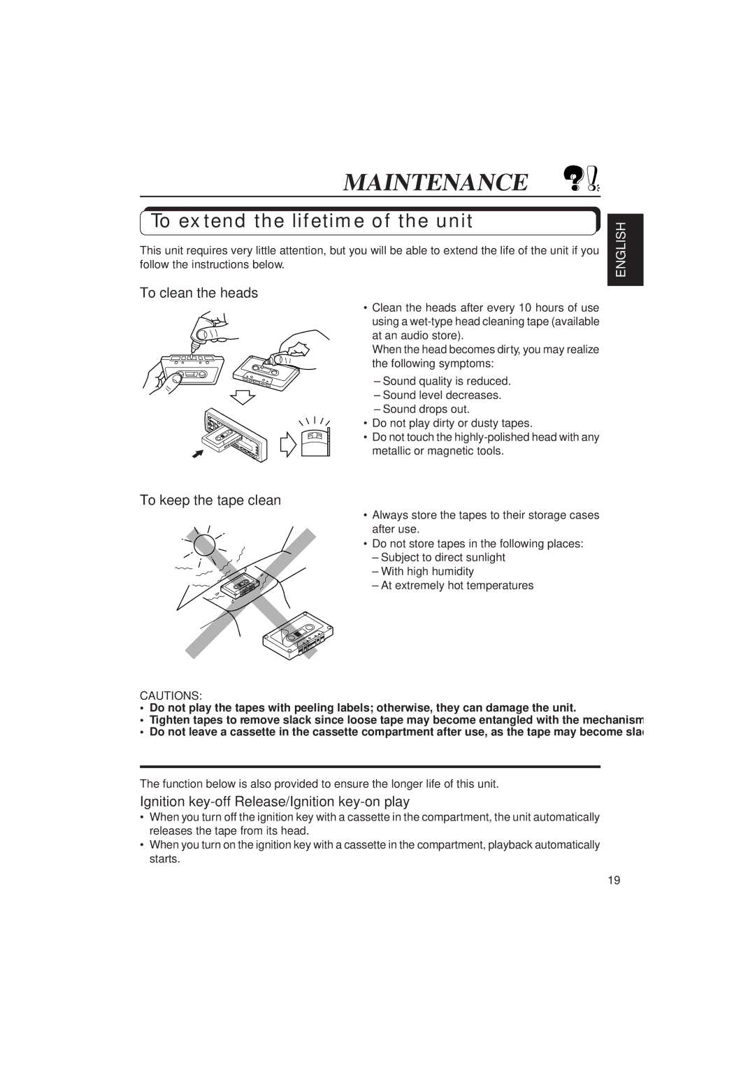 JVC F130, KS-FX230 manual Maintenance, To extend the lifetime of the unit, To clean the heads, To keep the tape clean 