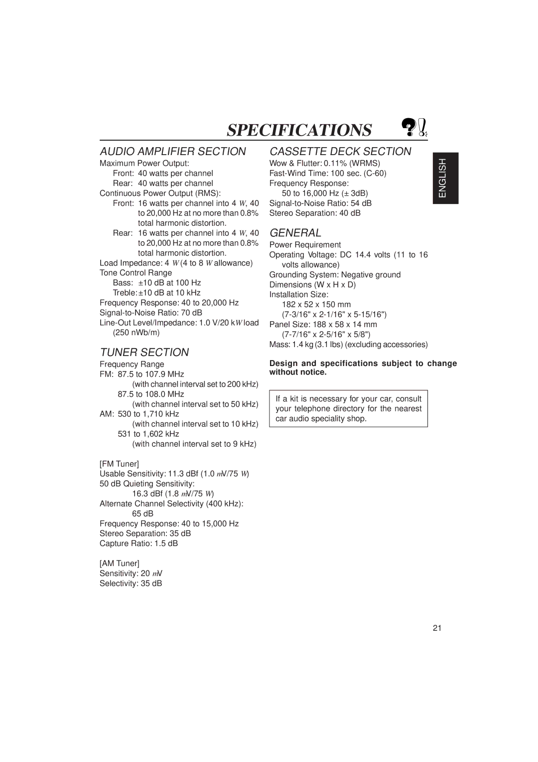 JVC F130, KS-FX230 manual Specifications, FM Tuner, AM Tuner 