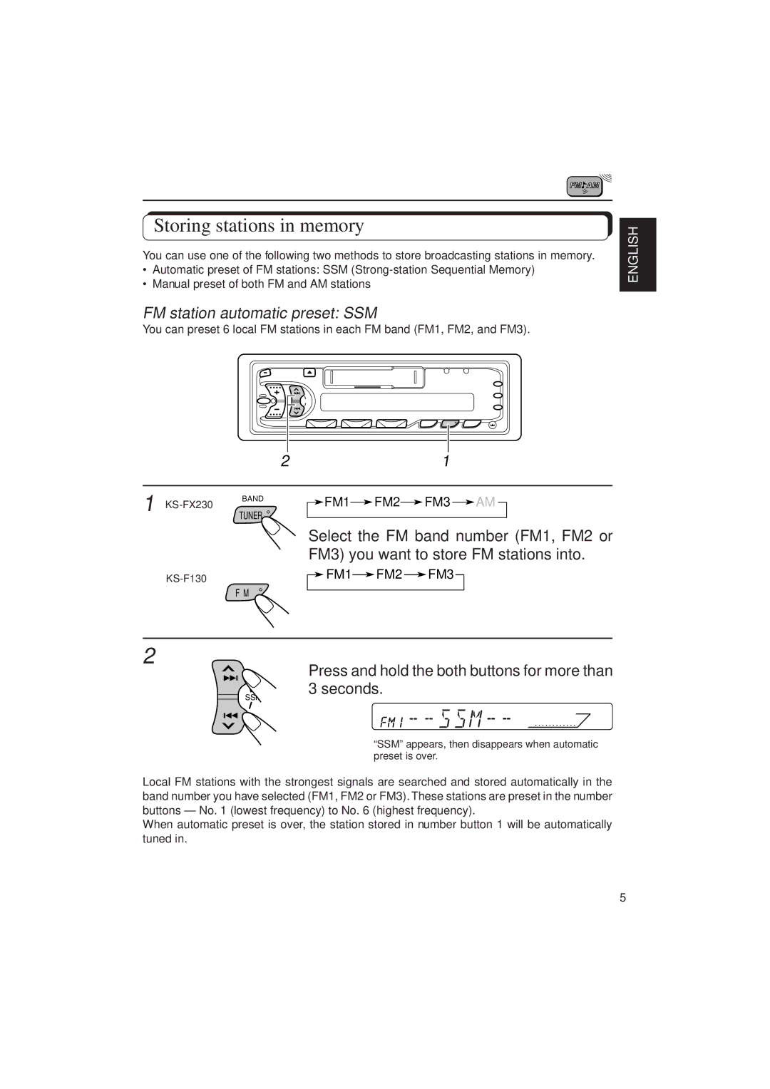 JVC F130, KS-FX230 manual Storing stations in memory, FM station automatic preset SSM 