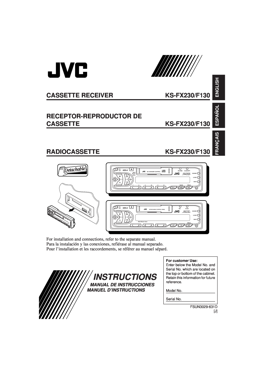 JVC F130 manual Instructions, Cassette Receiver Receptor-Reproductorde Cassette, Radiocassette, Français Español English 