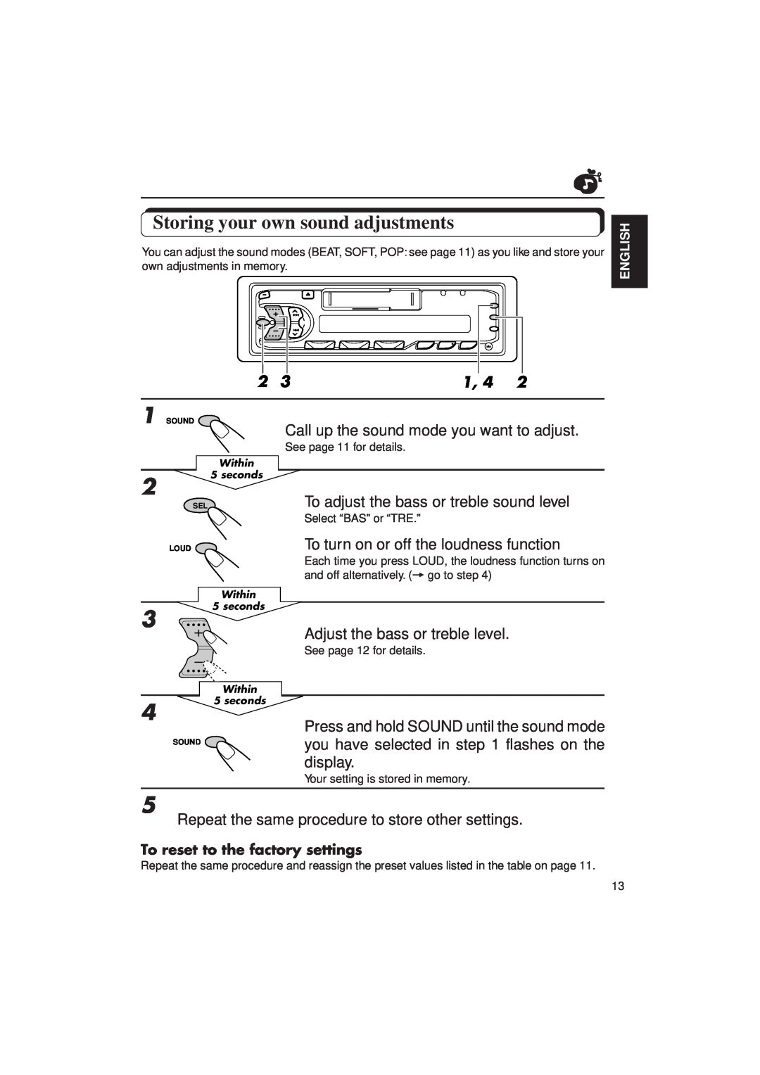 JVC F130, KS-FX230 manual Storing your own sound adjustments 