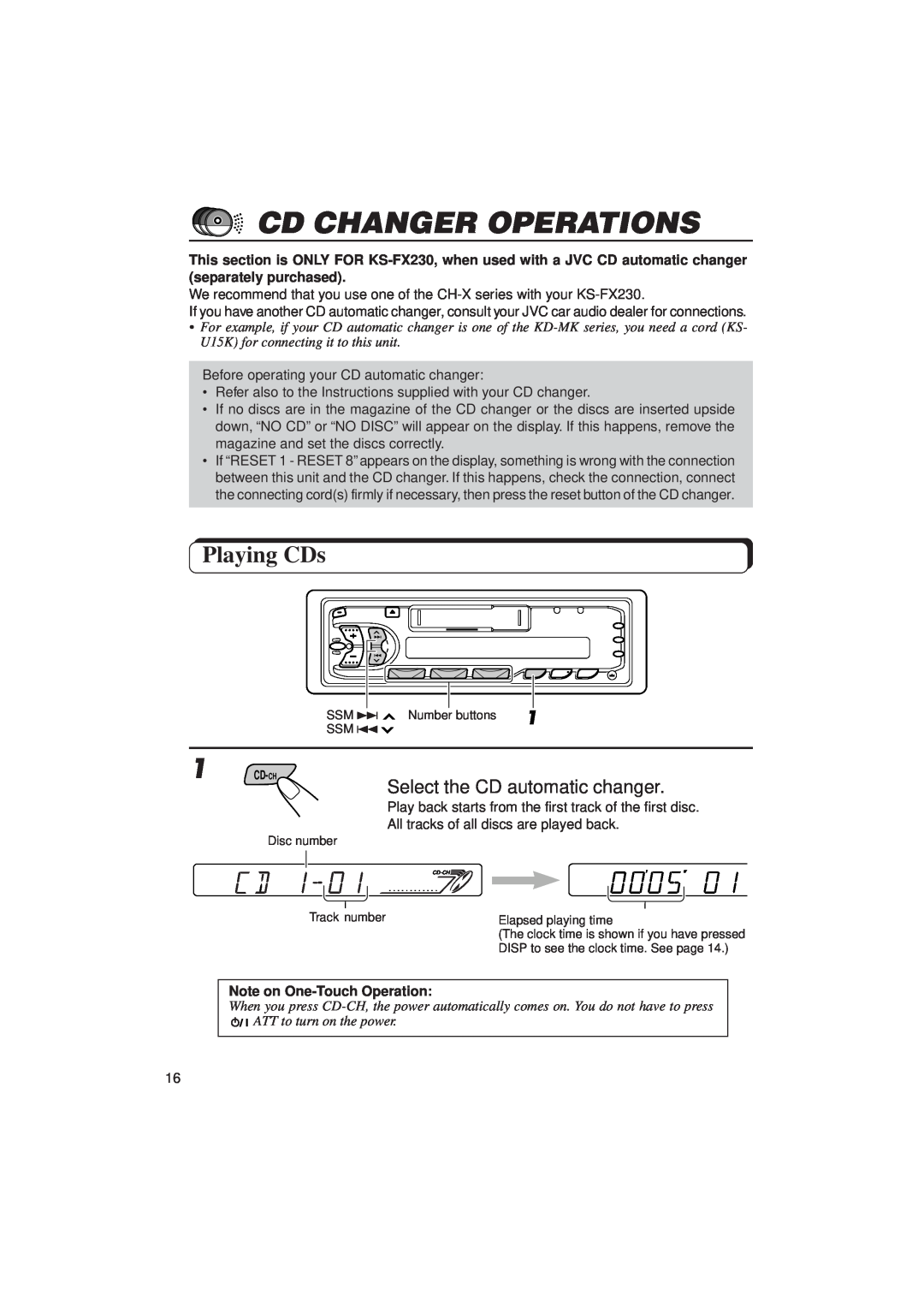 JVC KS-FX230, F130 manual Cd Changer Operations, Playing CDs, Note on One-TouchOperation 