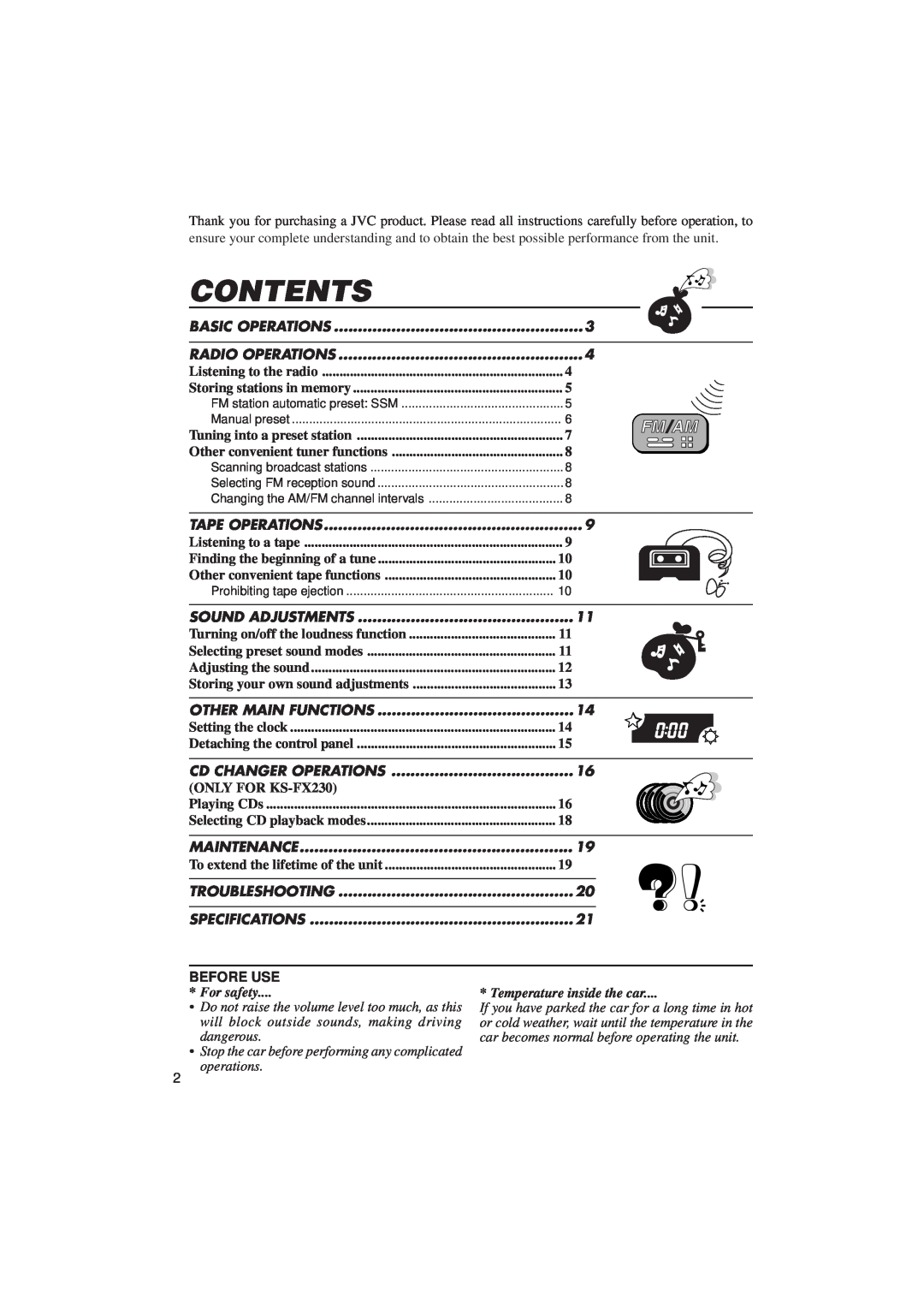 JVC F130 manual Contents, ONLY FOR KS-FX230, Before Use, For safety, Temperature inside the car 