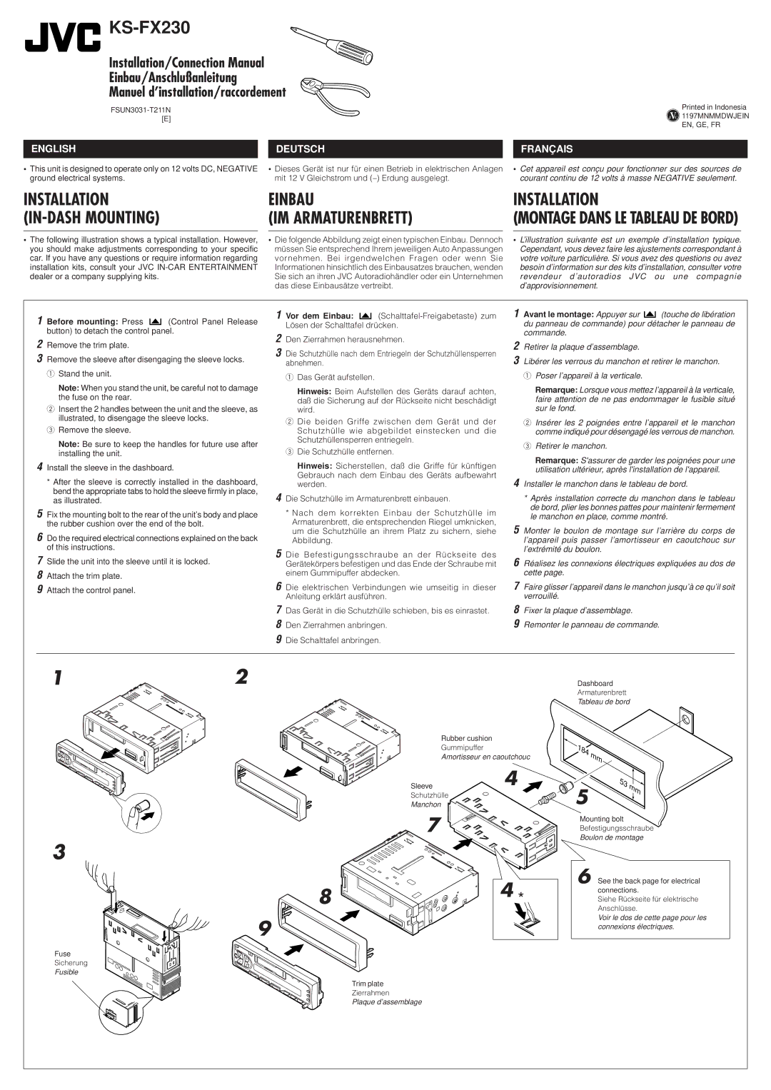 JVC KS-FX230 manual Einbau IM Armaturenbrett, Installation 