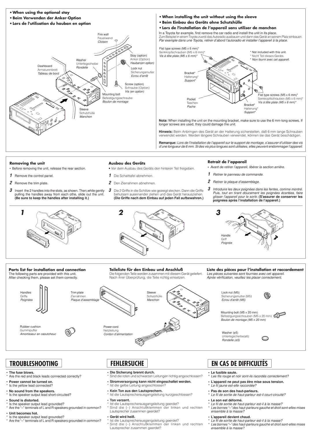 JVC KS-FX230 manual Troubleshooting, Fehlersuche, EN CAS DE Difficultés 