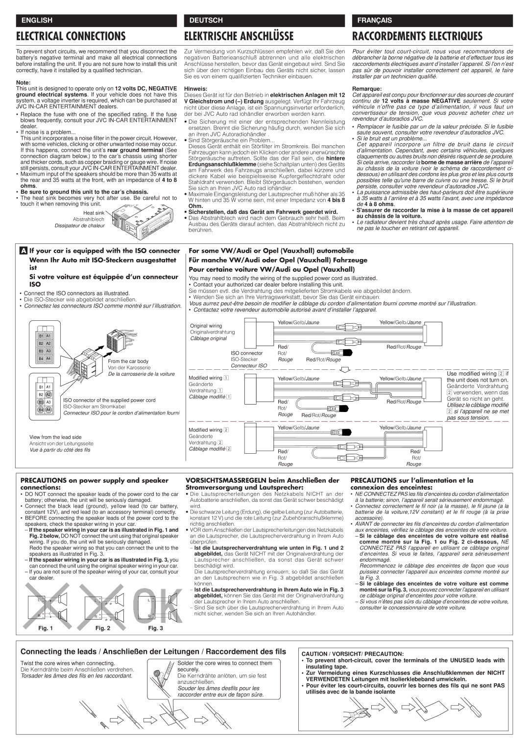 JVC KS-FX230 manual Electrical Connections, Elektrische Anschlüsse, Precautions on power supply and speaker connections 