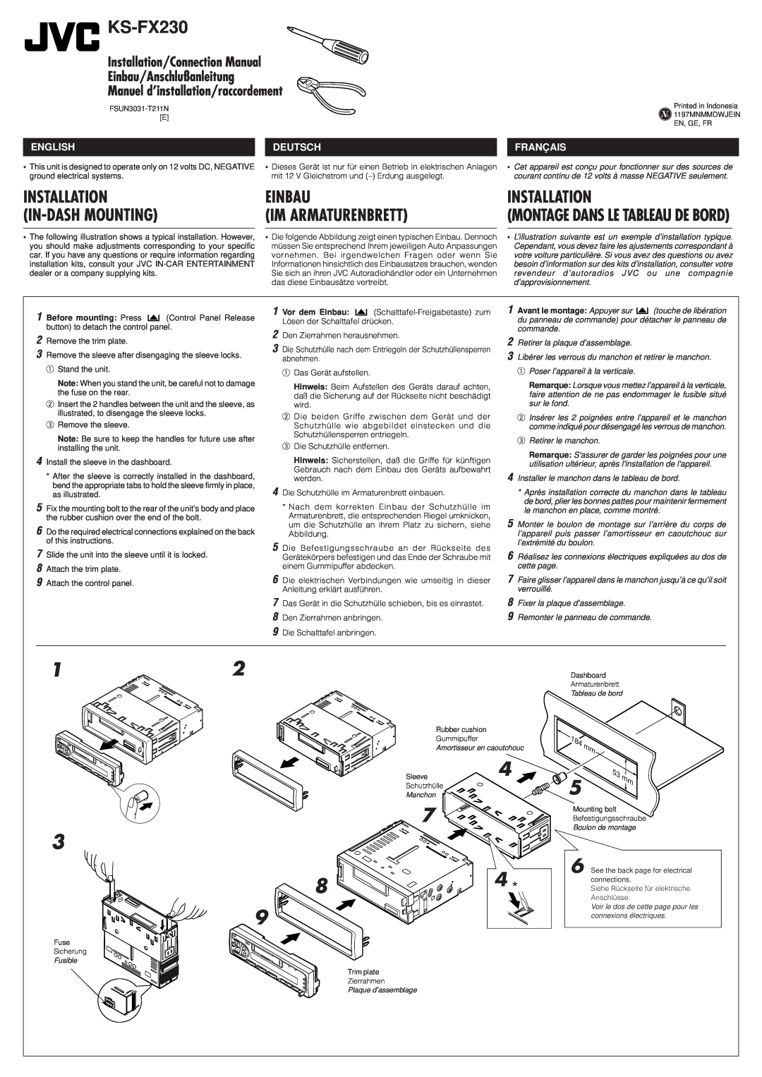 JVC KS-FX230 manual Einbau Im Armaturenbrett, English, Deutsch, Français, Installation/Connection Manual 