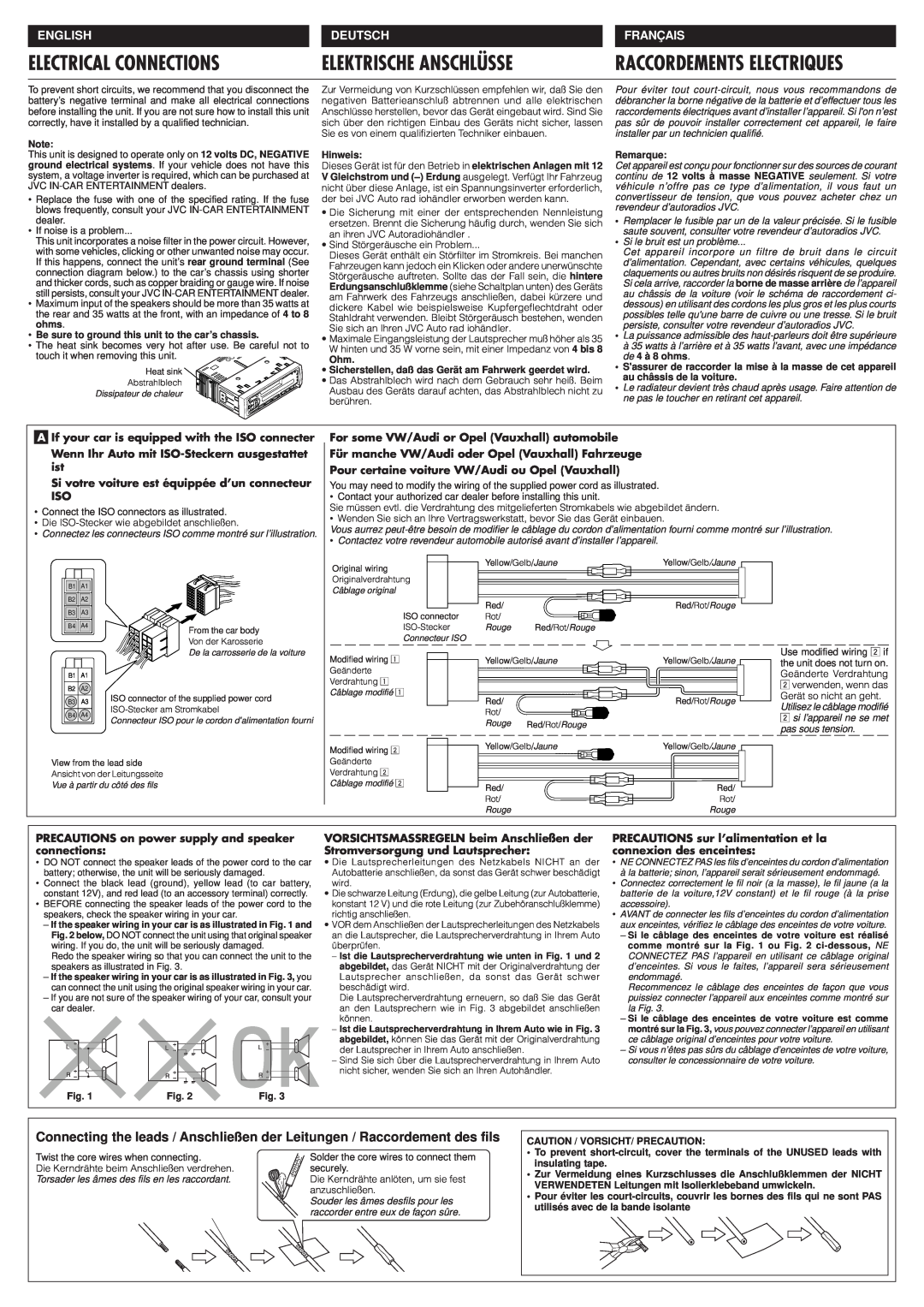 JVC KS-FX230 manual Electrical Connections, Elektrische Anschlüsse, Raccordements Electriques, English, Deutsch, Français 