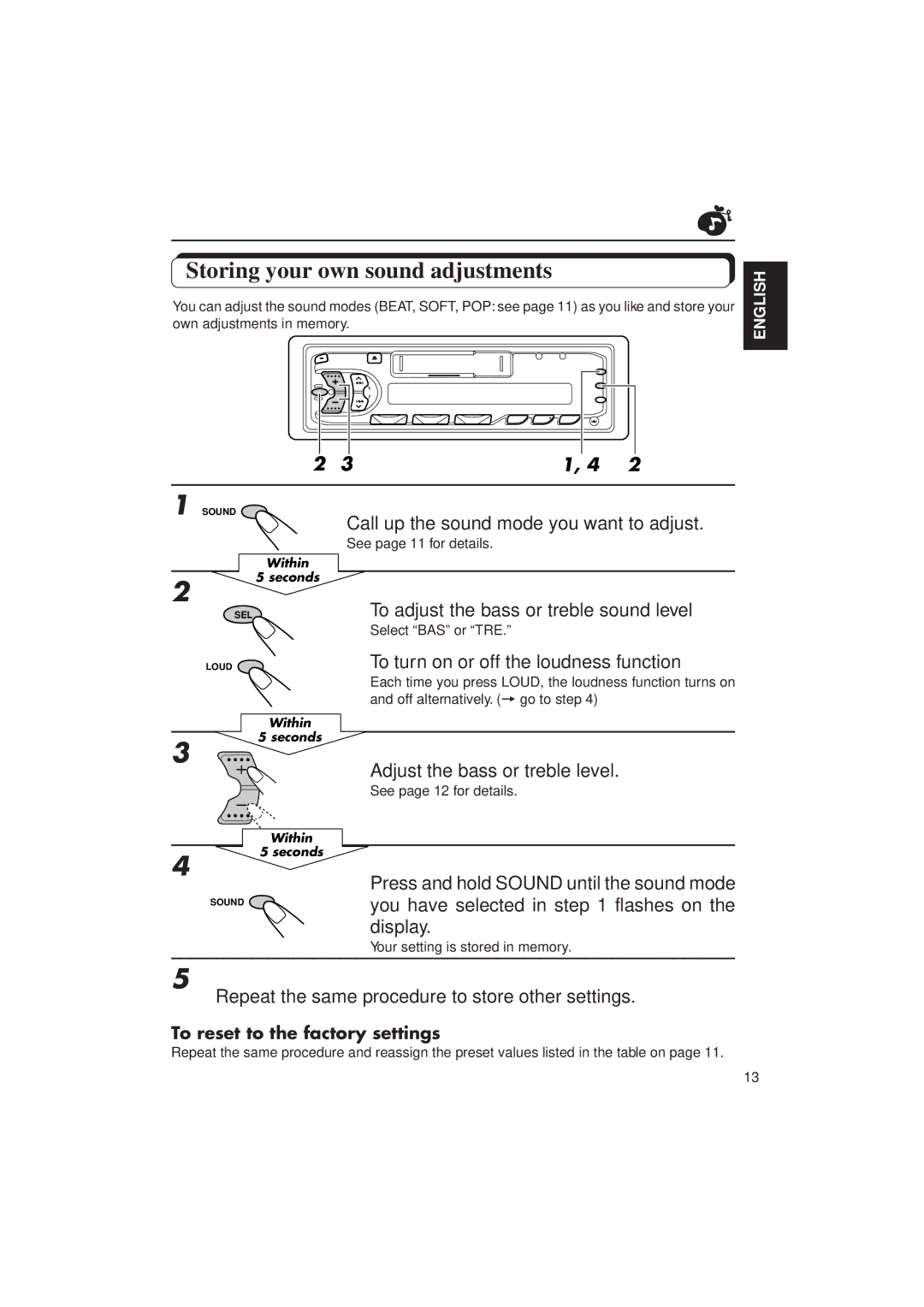 JVC KS-FX230/F130 manual Storing your own sound adjustments 