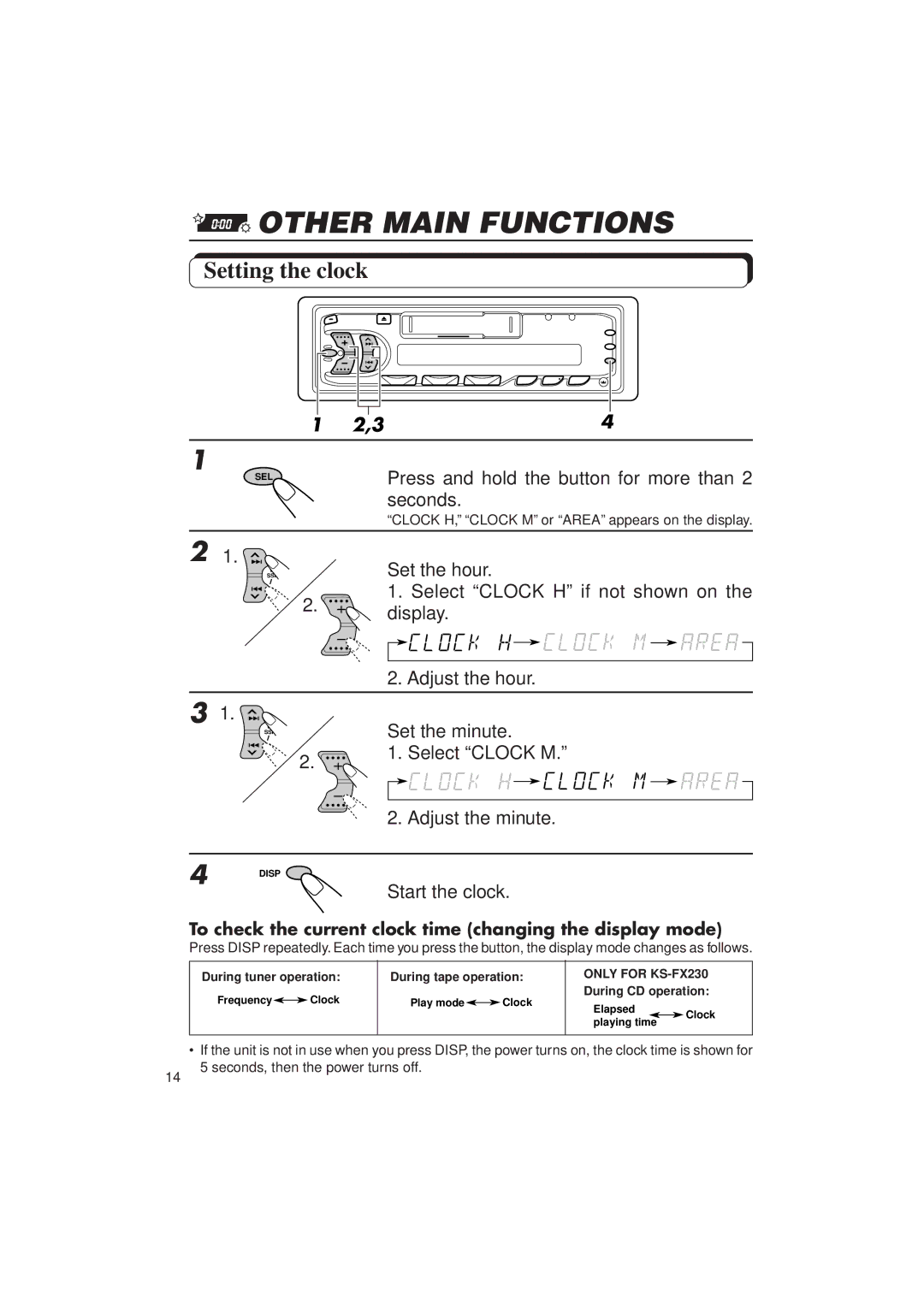 JVC KS-FX230/F130 manual Other Main Functions, Setting the clock 