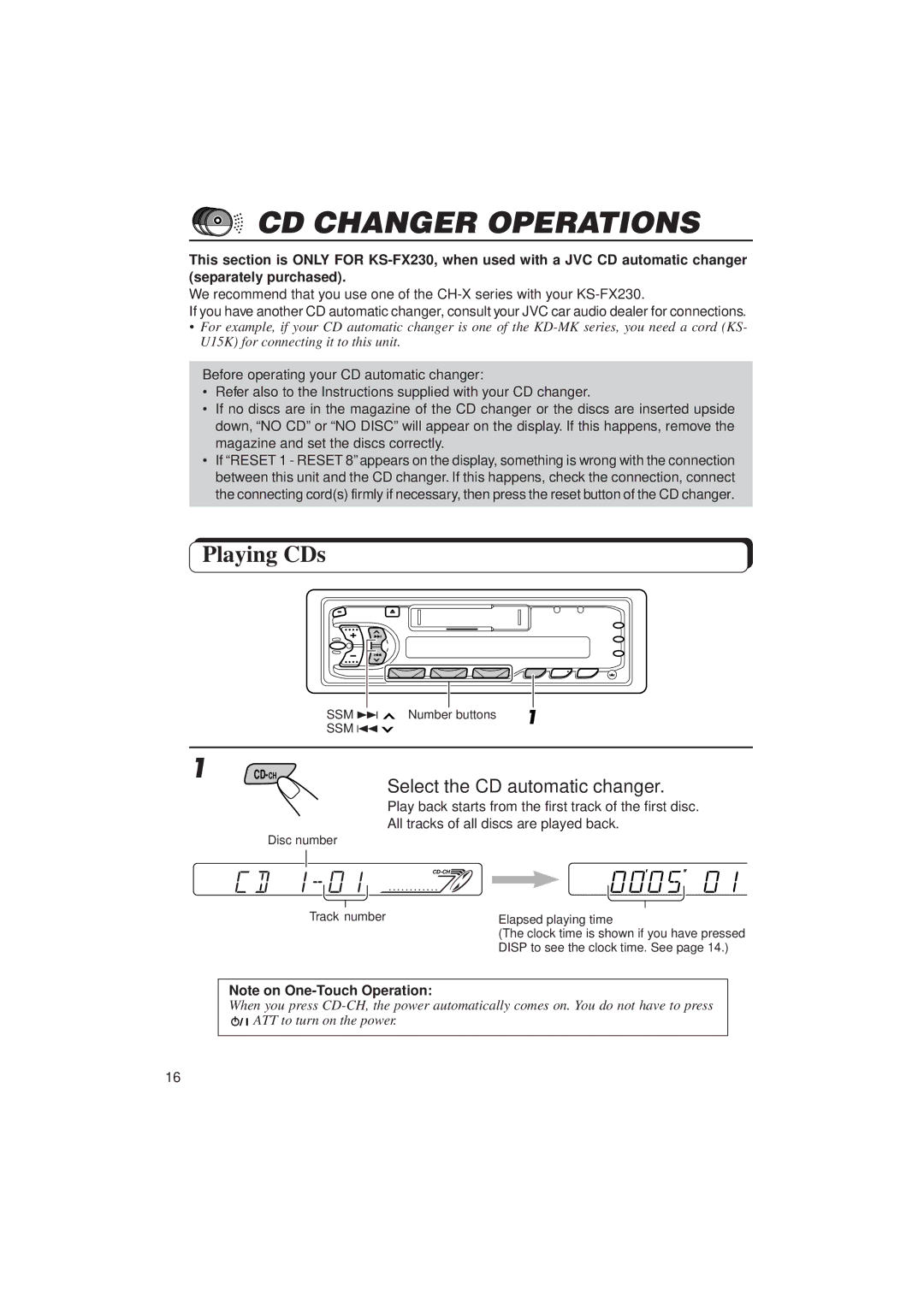 JVC KS-FX230/F130 manual CD Changer Operations, Playing CDs, Select the CD automatic changer 