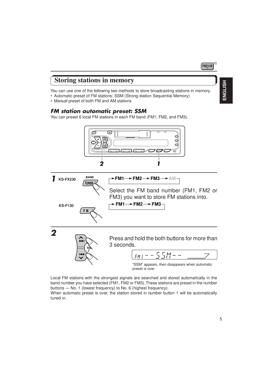 JVC KS-FX230/F130 manual Storing stations in memory, FM station automatic preset SSM 