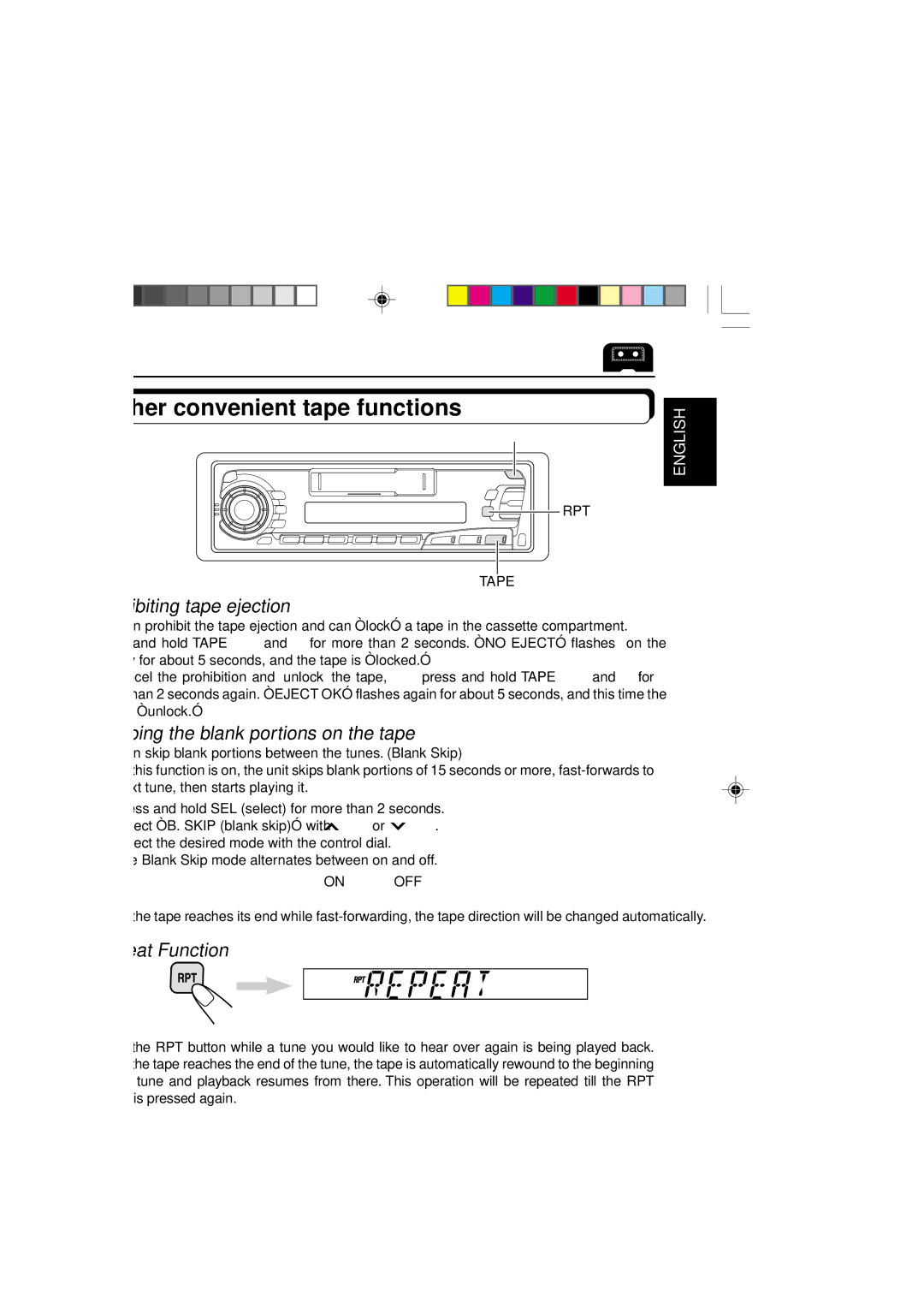 JVC KS-FX250 manual Other convenient tape functions, Prohibiting tape ejection, Skipping the blank portions on the tape 