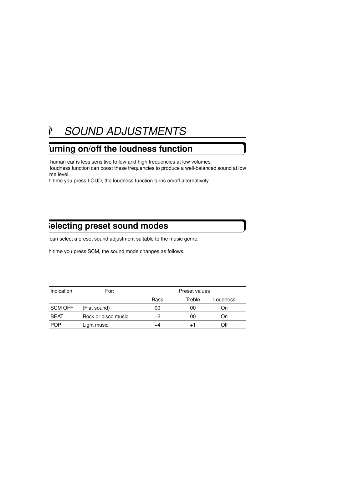 JVC KS-FX250 manual Sound Adjustments, Turning on/off the loudness function, Selecting preset sound modes 