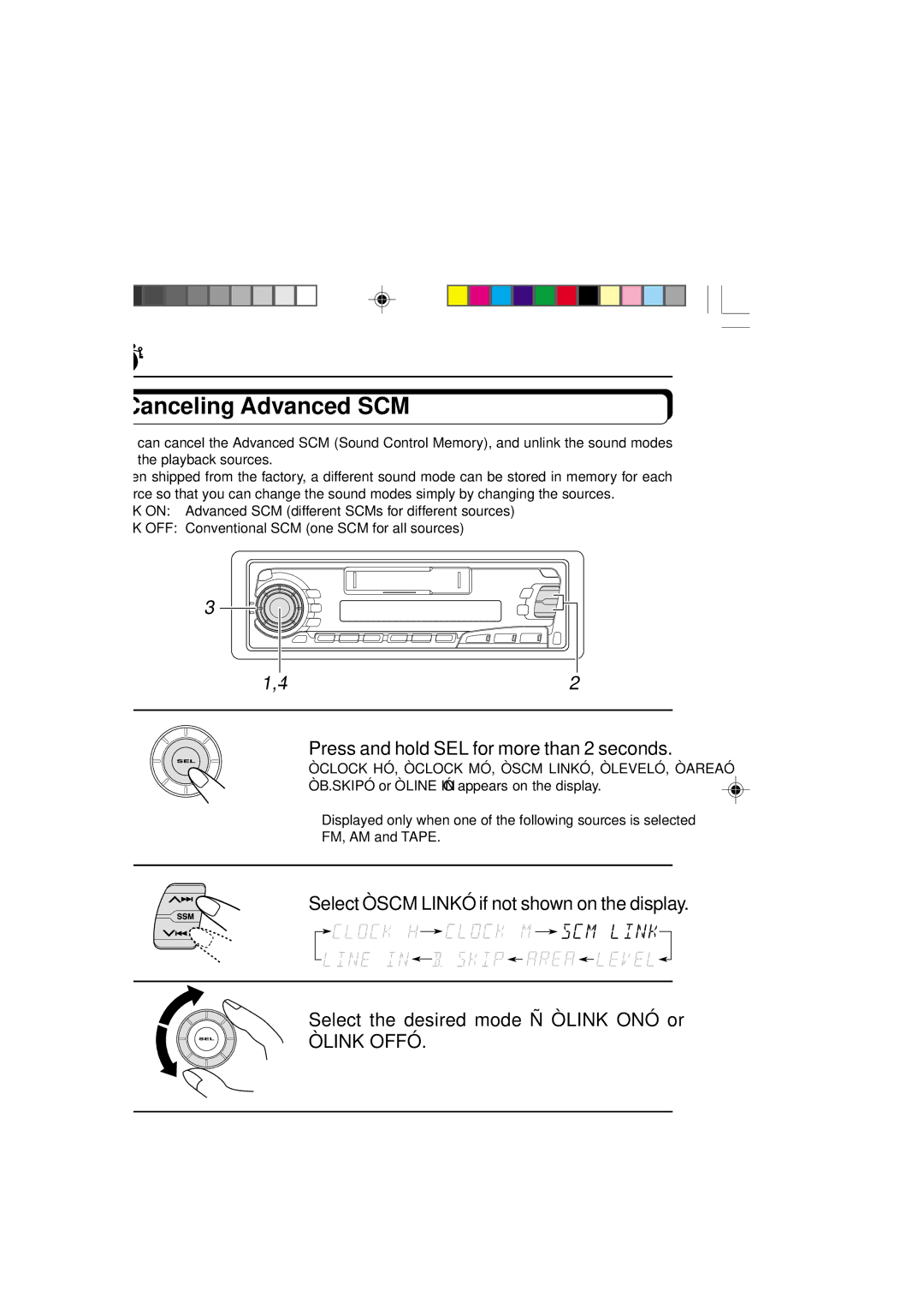 JVC KS-FX250 manual Canceling Advanced SCM, Press and hold SEL for more than 2 seconds 