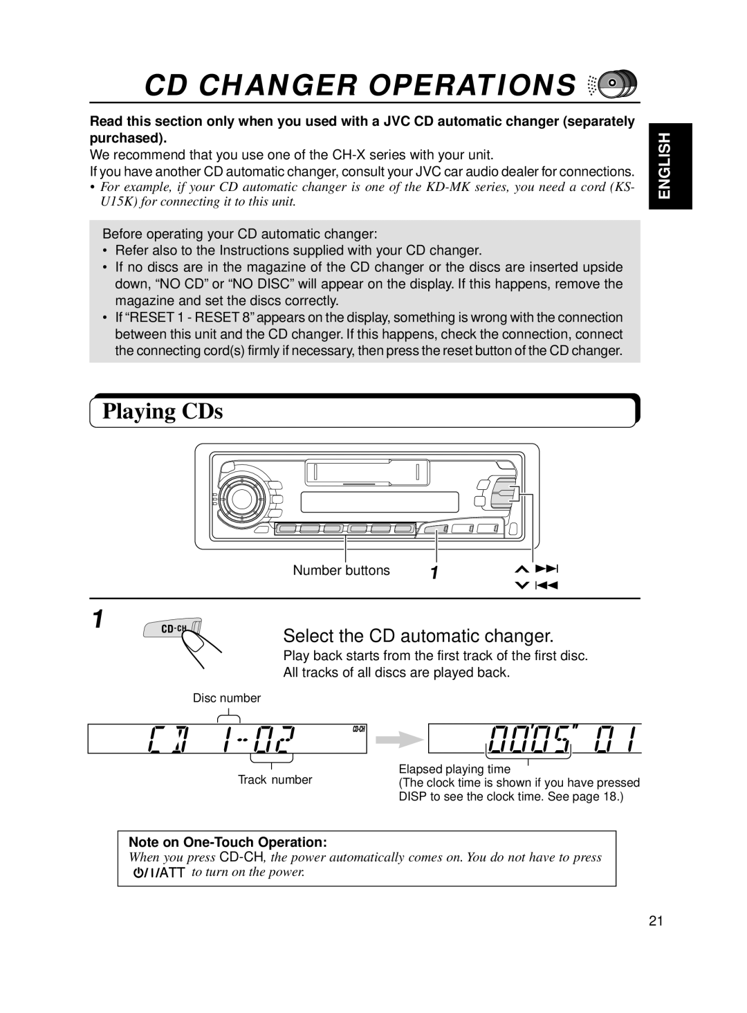 JVC KS-FX250 manual CD Changer Operations, Playing CDs, Select the CD automatic changer 