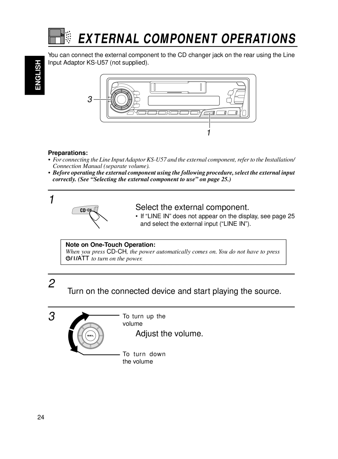 JVC KS-FX250 manual Select the external component, Turn on the connected device and start playing the source, Preparations 