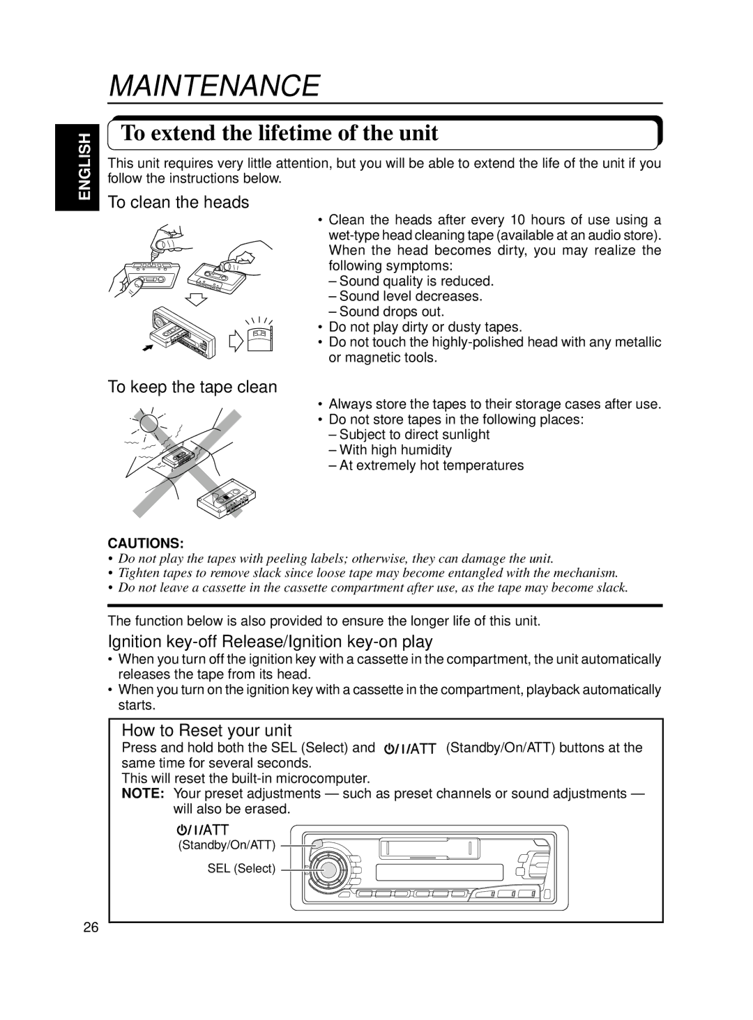 JVC KS-FX250 manual Maintenance, To extend the lifetime of the unit 