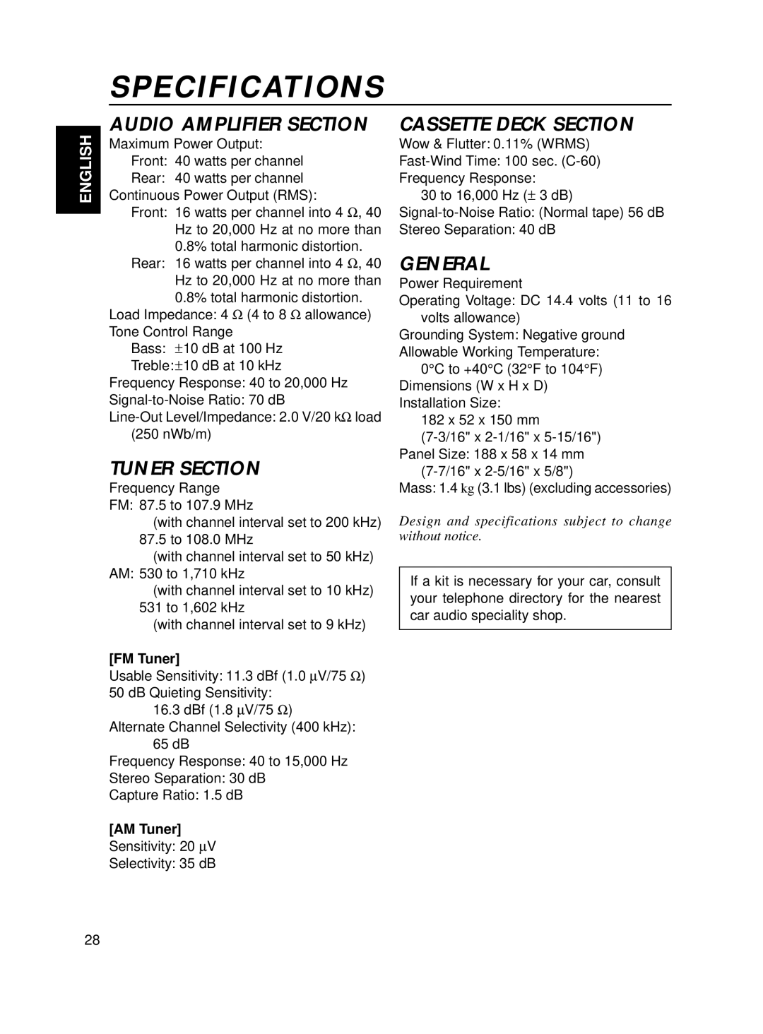 JVC KS-FX250 manual Specifications, FM Tuner, AM Tuner 