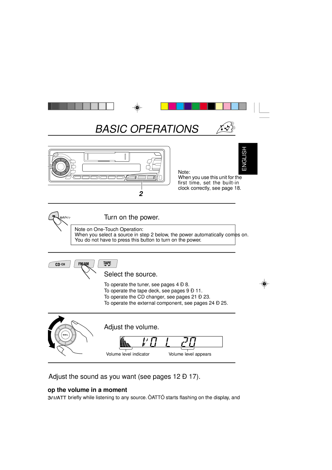 JVC KS-FX250 manual Basic Operations, Turn on the power, Select the source, Adjust the volume 