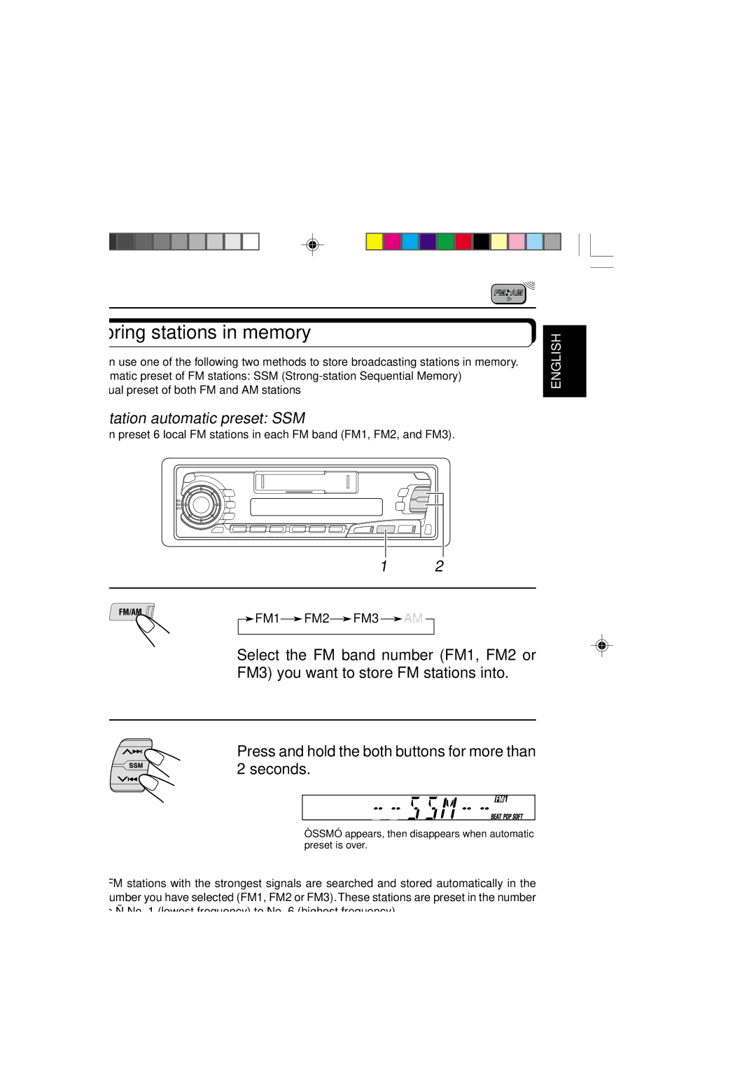 JVC KS-FX250 manual Storing stations in memory, FM station automatic preset SSM 