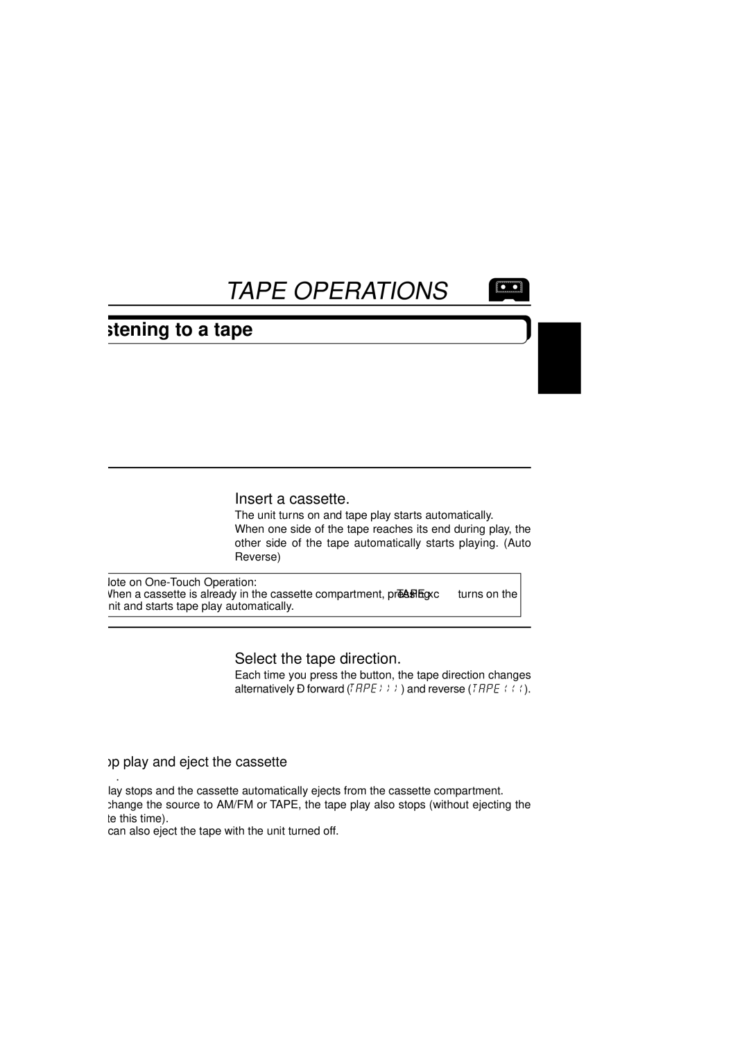 JVC KS-FX250 manual Tape Operations, Listening to a tape, Insert a cassette, Select the tape direction 