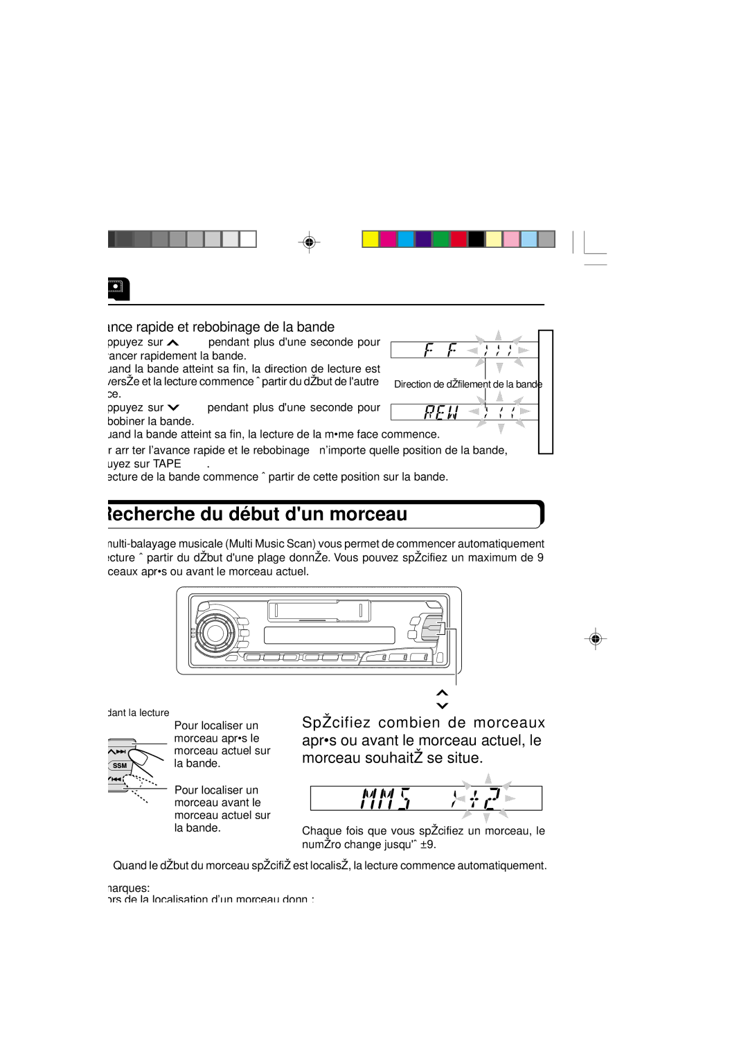 JVC KS-FX250 manual Recherche du début dun morceau, Avance rapide et rebobinage de la bande 