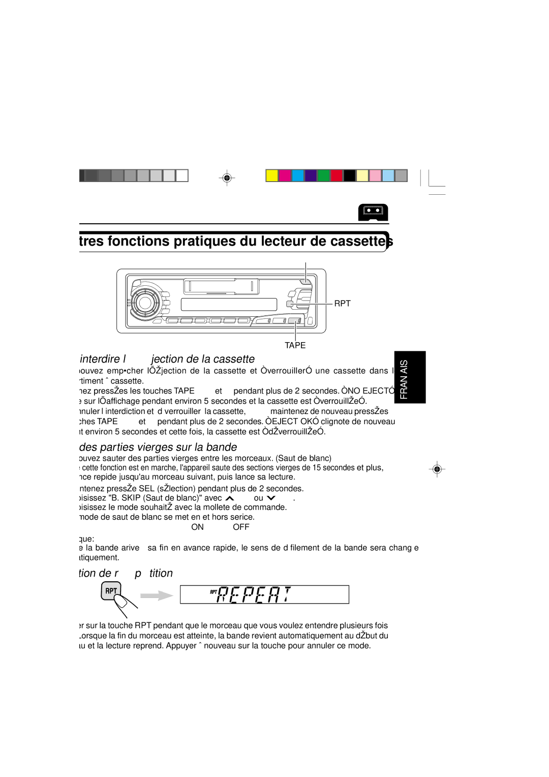 JVC KS-FX250 Autres fonctions pratiques du lecteur de cassettes, Pour interdire l’éjection de la cassette 2, Remarque 