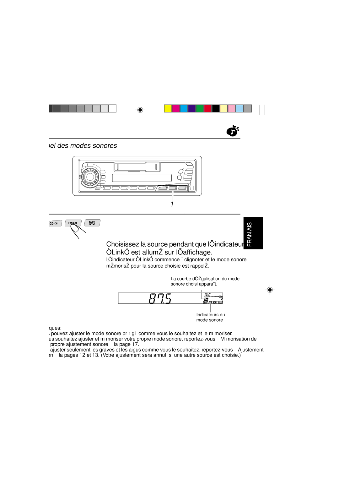 JVC KS-FX250 manual Rappel des modes sonores, Remarques 