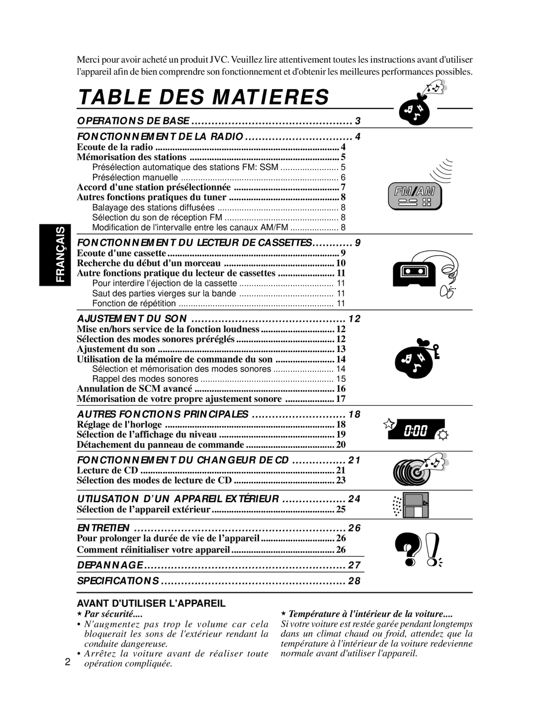 JVC KS-FX250 manual Table DES Matieres, Français 