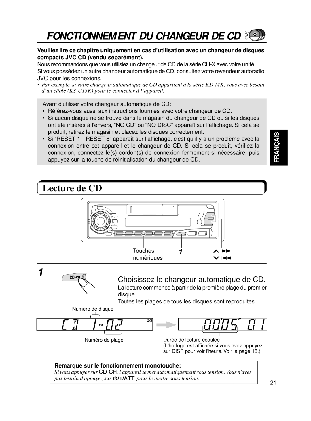 JVC KS-FX250 manual Lecture de CD, Choisissez le changeur automatique de CD 