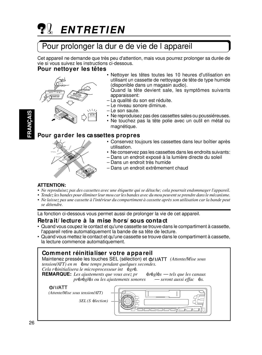 JVC KS-FX250 manual Entretien, Pour prolonger la durée de vie de l’appareil 