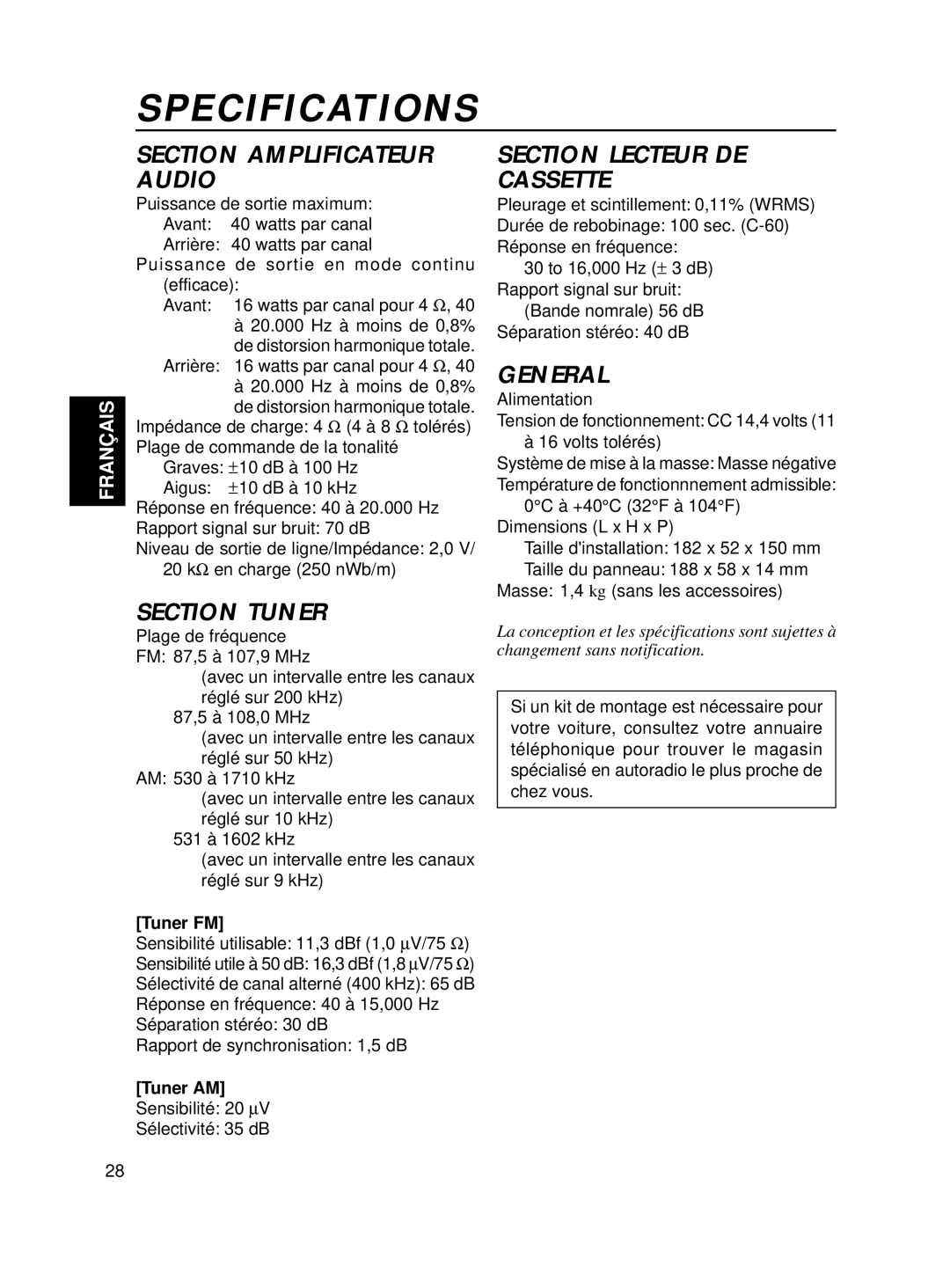 JVC KS-FX250 manual Specifications, Tuner FM, Tuner AM 