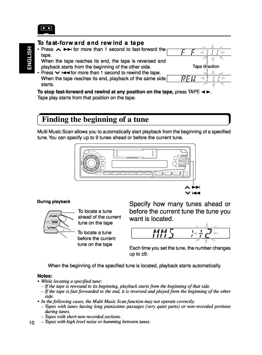 JVC KS-FX250 manual Finding the beginning of a tune, To fast-forwardand rewind a tape, English 