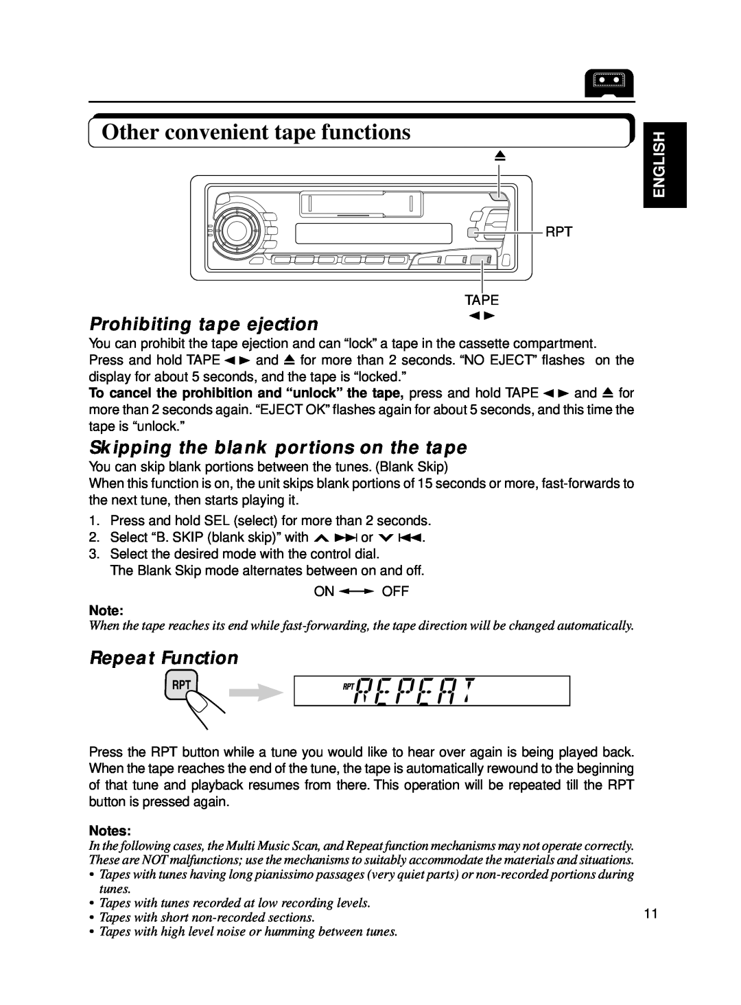 JVC KS-FX250 Other convenient tape functions, Prohibiting tape ejection, Skipping the blank portions on the tape, English 